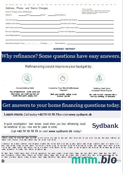 Dania Bank Sydbank wyciąg z kredytu hipotecznego, 3 strony, 3